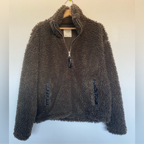 Abercrombie & Fitch Cozy Sherpa Half-Zip Olive Green Sweatshirt Jacket Size L - Picture 2 of 6